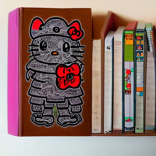 Image similar to a photo of the necronomicon with a ((hello kitty)) sticker on it