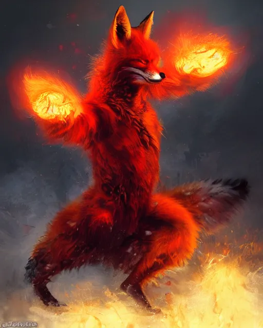 Image similar to oil painting of Angry Anthropomorphized Fox Berserker, wearing red fur, claws, sharp focus, attack pose, fantasy style, octane render, volumetric lighting, 8k high definition, by greg rutkowski, highly detailed, trending on art Station, magic the gathering artwork, burning Battlefield background, centered