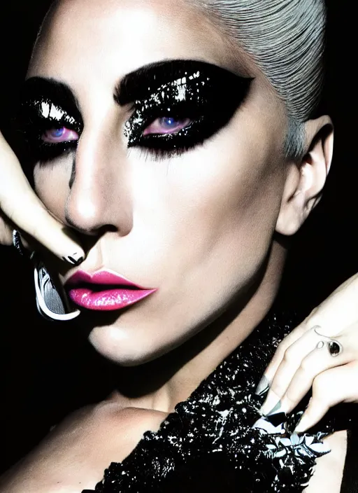 Image similar to lady gaga styled by nick knight posing, the fame monster themed, dark, mysterious, vogue magazine, canon, highly realistic. high resolution. highly detailed. dramatic. 8 k. 4 k.