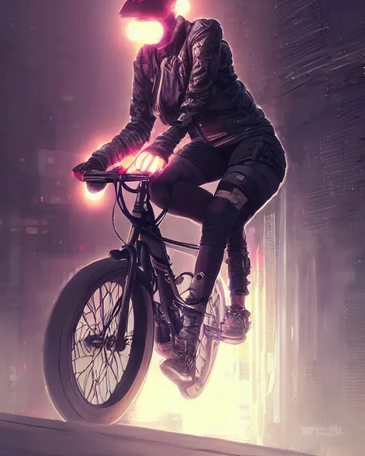 Image similar to girl wearing cyberpunk intricate streetwear riding bike, respirator, detailed portrait, cell shaded, 4 k, concept art, by wlop, ilya kuvshinov, artgerm, krenz cushart, greg rutkowski, pixiv. cinematic dramatic atmosphere, sharp focus, volumetric lighting, cinematic lighting, studio quality