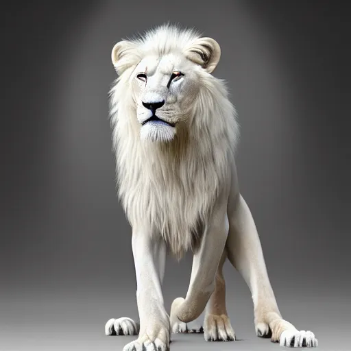 Image similar to a full body photograph of a white lion,photorealiatic,hyperdetailed,hyperrealistic,studio lighting,studio photography,professional photography,professional lighting,detailed face,3 point lighting,4k,dramatic,digital art,ultra realistic,ultra detailed,art by greg rutkowski