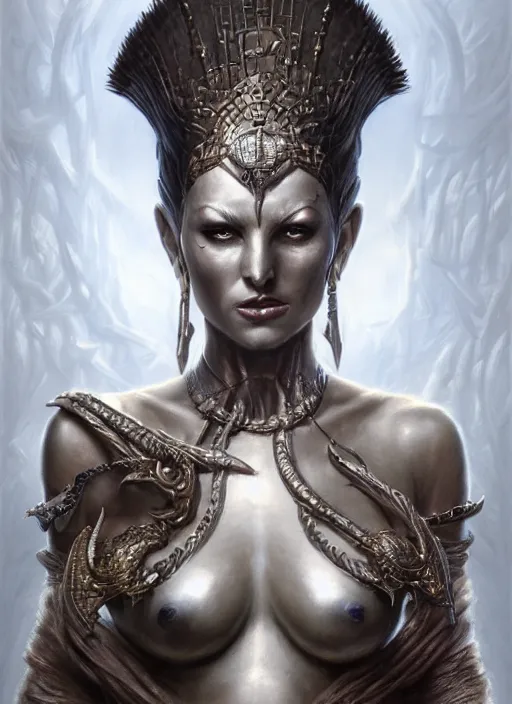 Image similar to full portrait of a warrior queen, black metal shiny skin. intricate, elegant, highly detailed, centered, digital painting, artstation, concept art, smooth, sharp focus, illustration, artgerm, tomasz alen kopera, peter mohrbacher, donato giancola, joseph christian leyendecker, wlop, frank frazetta