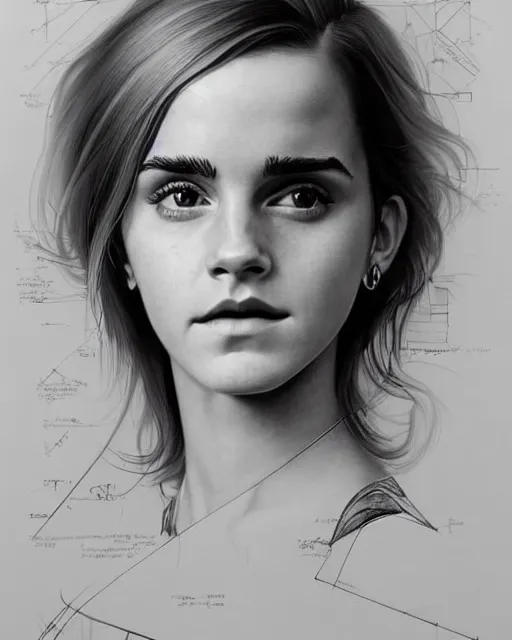 Image similar to a beautiful hyperrealistic emma watson portrait and body in pencil from a photo, by Peter Mohrbacher, technical drawing, blueprint diagram, trending on artstation