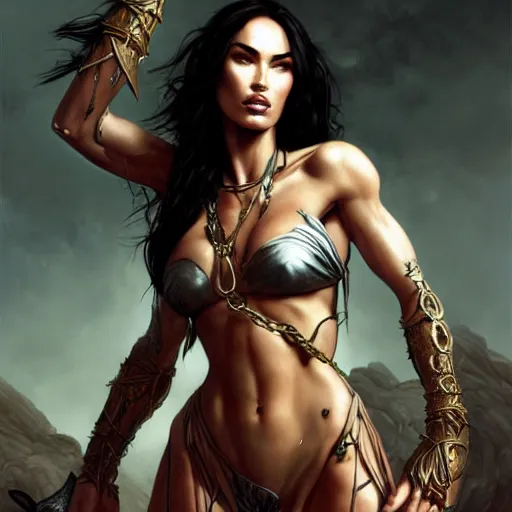 Image similar to megan fox chained to a column, muscular upper body, bikini, fantasy, intricate, elegant, highly detailed, digital painting, artstation, concept art, matte, sharp focus, illustration, art by aenaluck and roberto ferri and greg rutkowski, epic fantasy, digital painting