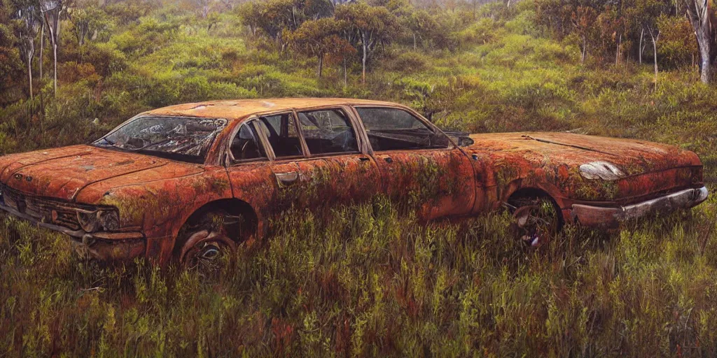 Prompt: hyper _ realistic _ painting _ of _ a rusty _ australian _ landscape _ an _ abandoned rusty holden _ commodore _ covered _ with _ moss. _ by _ simonstalenhag