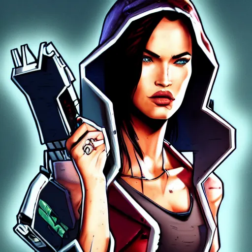 Image similar to megan fox portrait, borderlands, tales from the borderlands, the wolf among us, comic, cinematic lighting, studio quality, 8 k