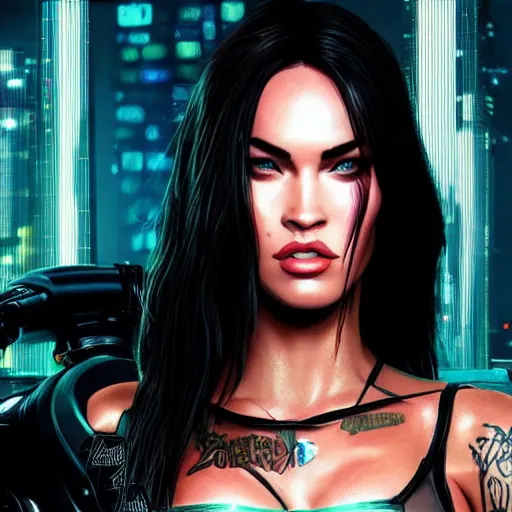 Image similar to Megan Fox portrait, Cyberpunk 2077 style