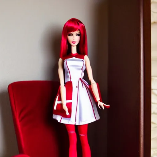 Image similar to anime barbie doll, in red velvet stockings, a nurse's dress, full length, heels on her feet