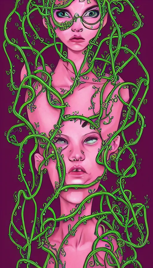 Prompt: very detailed portrait of a 2 0 years old girl surrounded by tentacles, the youg woman visage is blooming from fractal and vines, by jhonen vasquez