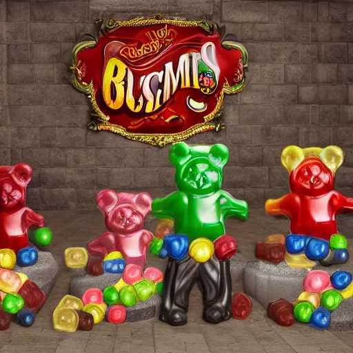 Image similar to gummi bears free candy prisoners from the candy store, ornate, highly detailed, UE5, 3D render, movie still