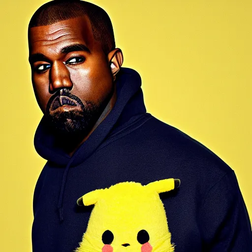 Image similar to Kanye West in a yellow pikachu! hoody, Studio Photograph, portrait C 12.0