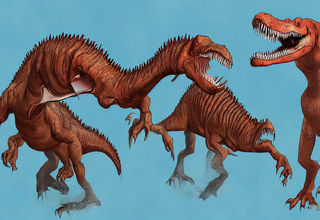 Image similar to Very detailed digital painting of a spinosaurus fighting with a t rex