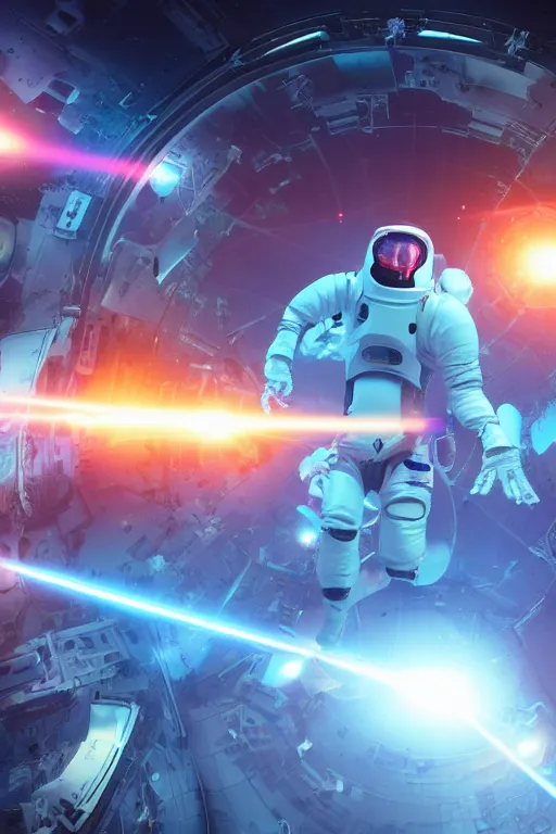 Image similar to wide view of a dozen futuristic spacemen firing lasers, zero gravity, floating, in space, bright, hiding behind obstacles, surrounded by a laser grid, stars visible, unreal engine, lensflares, low perspective, fish eye