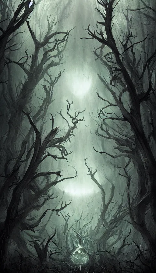 Image similar to a storm vortex made of many demonic eyes and teeth over a forest, by charlie bowater