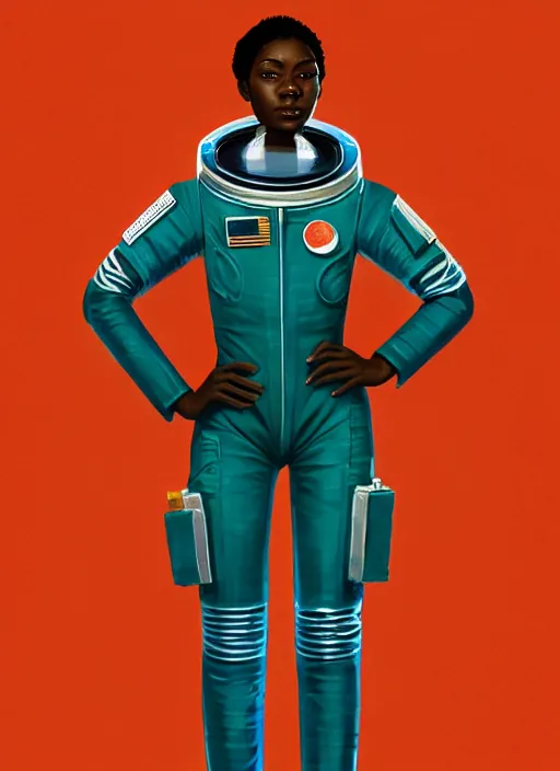 Image similar to full body portrait of young black woman as an astronaut, teal flight jumpsuit, intricate, beautiful and elegant, highly detailed, digital painting, artstation, concept art, smooth, sharp focus, illustration, art by wlop, mars ravelo and greg rutkowski