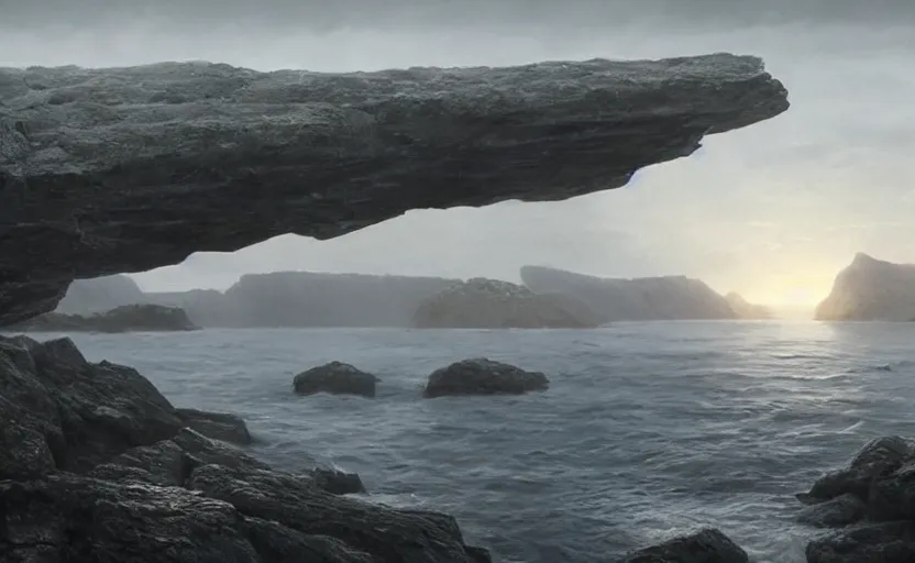 Image similar to no fear, no hesitation, no surprise, no doubt, directed by charlie kaufman ( 2 0 0 1 ) anamorphic lenses, a rocky shore in the foreground, foggy volumetric light morning, a beam of light from the heavens, cinematic trending on artstation in the style of greg rutkowski