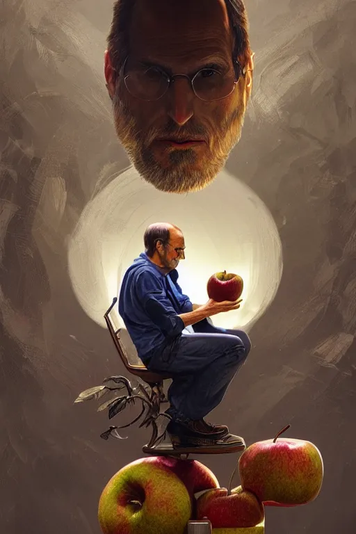 Image similar to ultra realistic illustration, steve jobs sitting on a giant apple, sci - fi, fantasy, intricate, elegant, highly detailed, digital painting, artstation, concept art, smooth, sharp focus, illustration, art by artgerm and greg rutkowski and alphonse mucha