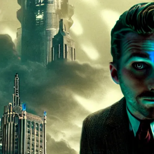 Image similar to a highly detailed cinematic photo from a live - action bioshock movie. andrew ryan, portrayed by ryan gosling, is shown standing in a 1 9 3 0's office with a large desk in front of a floor - to - ceiling window looking out onto the underwater city of rapture shining in the distance, sea life is shown outside of the window