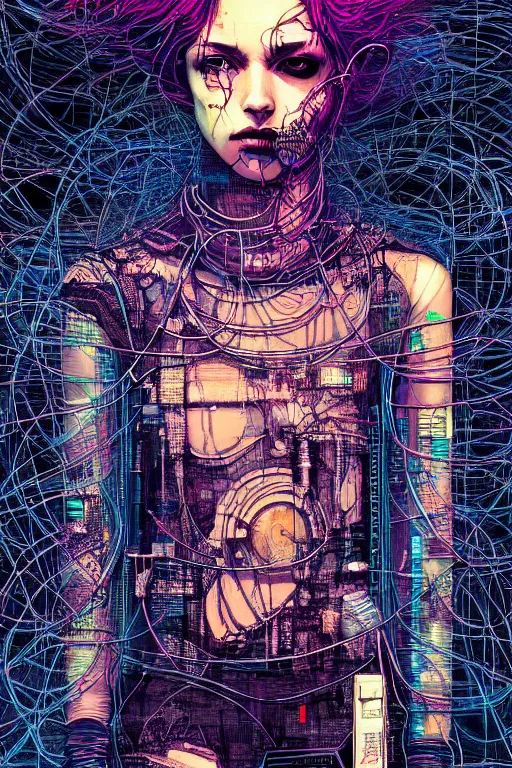 Prompt: dreamy cyberpunk girl, abstract wire clothes, digital nodes, beautiful woman, detailed acrylic, grunge, intricate complexity, by dan mumford and by katsuya terada, peter lindbergh