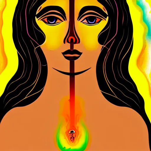 Image similar to tan latina woman, landscape, entering fourth dimension, third eye, prominent rosy cheek bones, black hair and brown eyes, psychedelic da vinci art style,