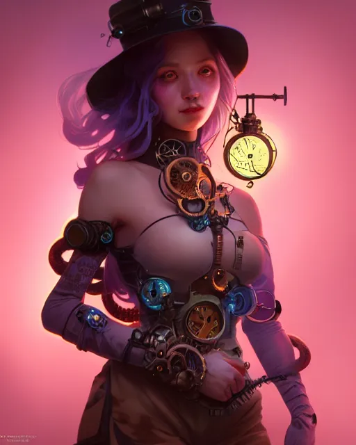 Image similar to one singular portrait of a cute bioluminescent steampunk girl, highly detailed, digital painting, moody cinematic lighting, hyperrealism, dark retrowave, art by stanley lau and artgerm and magali villeneuve and alphonse mucha, artstation, octane render, cgsociety