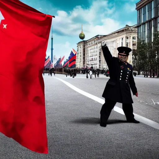 Image similar to a portrait of a socialist bear in a military uniform with a big hat, waving a red flag in Berlin, 4K realistic, hyper detailed, cinematic lighting, wow factor, award winning photo