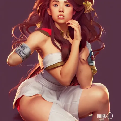 Prompt: pokimane as a street fighter character, cg animation, capcom, realistic, character select portrait, by artgerm, greg rutkowski, alphonse mucha, 3 d