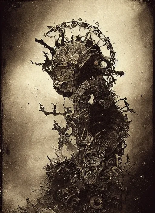 Prompt: old wetplate daguerreotype beautiful demon, explosion of data fragments, fractal, intricate, elegant, highly detailed, parallax, leica, medium format, subsurface scattering, by jheronimus bosch and greg rutkowski and louis jacques mande daguerre