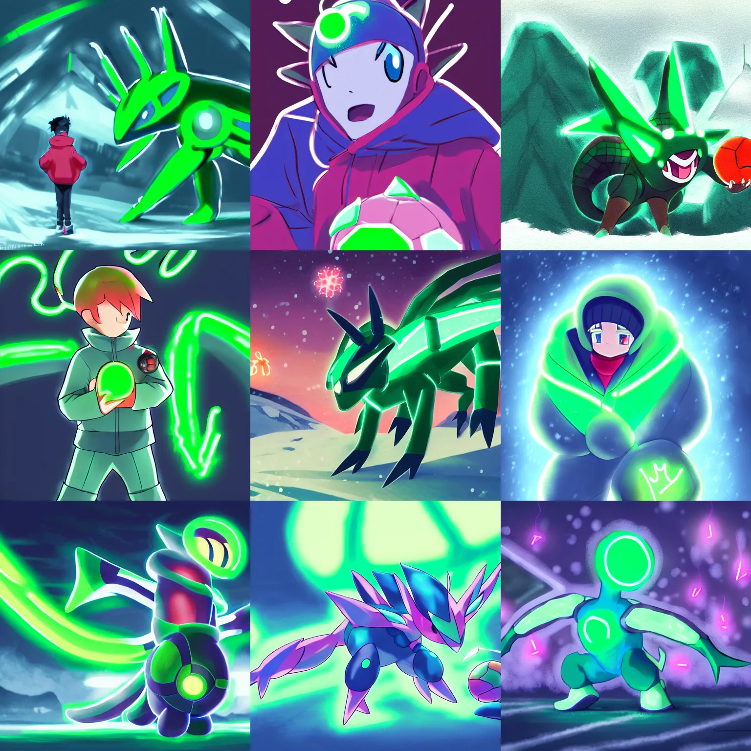 Prompt: a boy in winter clothing, masterball in his hand, facing a big neon green dialga, concept art, digital art, very detailed, anime, pokemon, 8 k hd