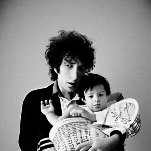 Image similar to bob dylan cradling belial from basket case like a baby, photograph, 1 9 6 5