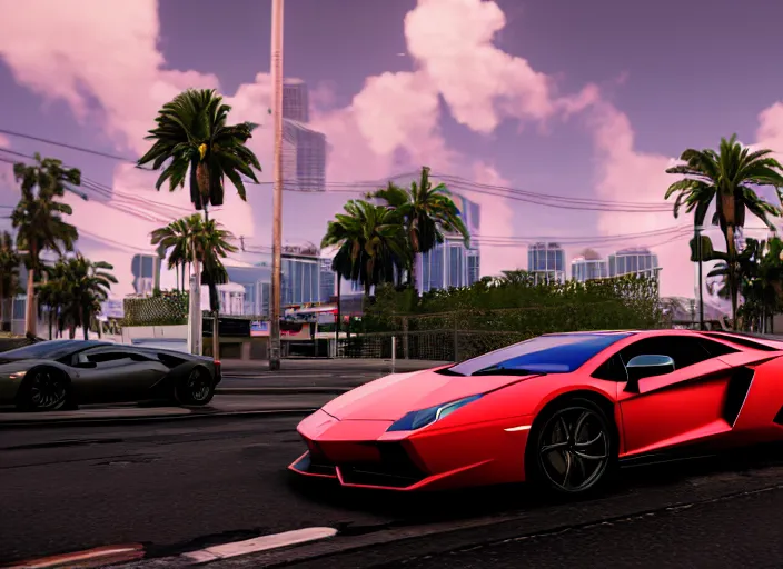 Image similar to still next - gen ps 5 game grand theft auto 6 2 0 2 4 remaster, graphics mods, rain, red sunset, people, rtx reflections, gta vi, miami, palms and miami buildings, photorealistic screenshot, unreal engine, 4 k, 5 0 mm bokeh, close - up lamborghini aventador, gta vice city remastered, artstation