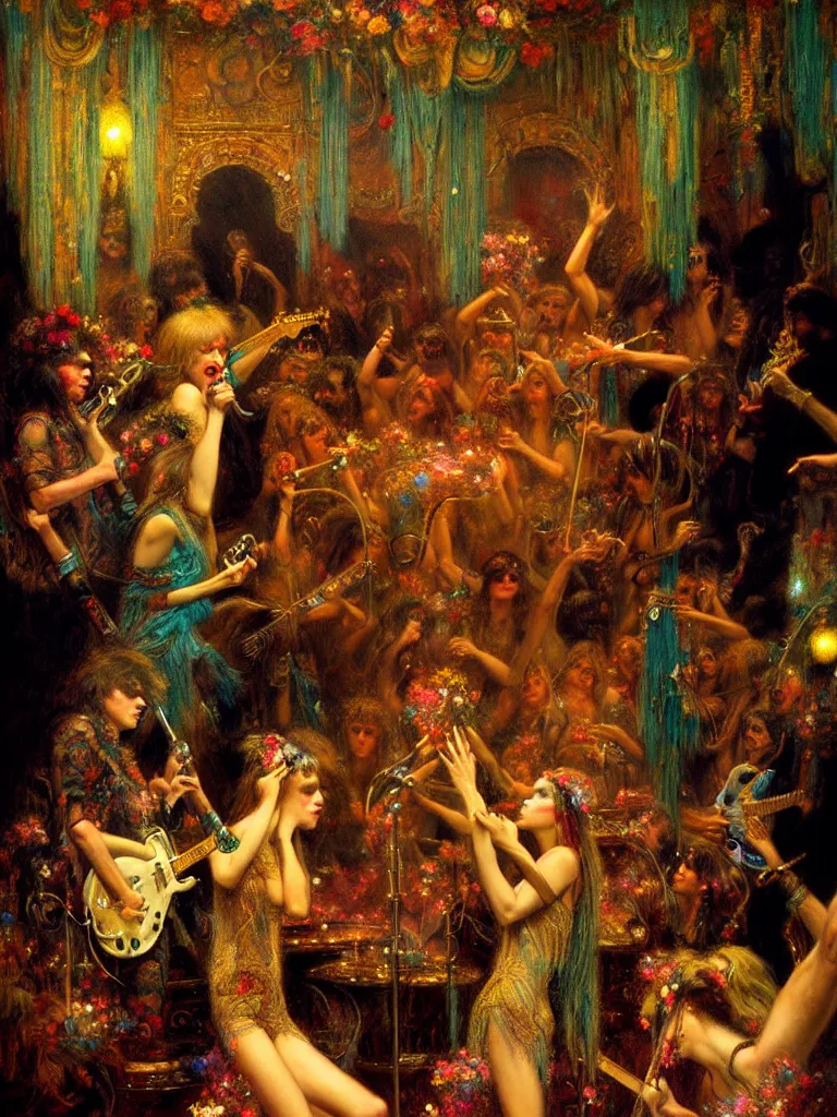 Image similar to the velvet underground and nico playing live on stage at a night club, beautiful stage decoration with flowers in the background, painting by gaston bussiere, very detailed and colorful and toned down and ornamental and moody and cool and relaxed and high on drugs, trending on artstation, behance contest winner