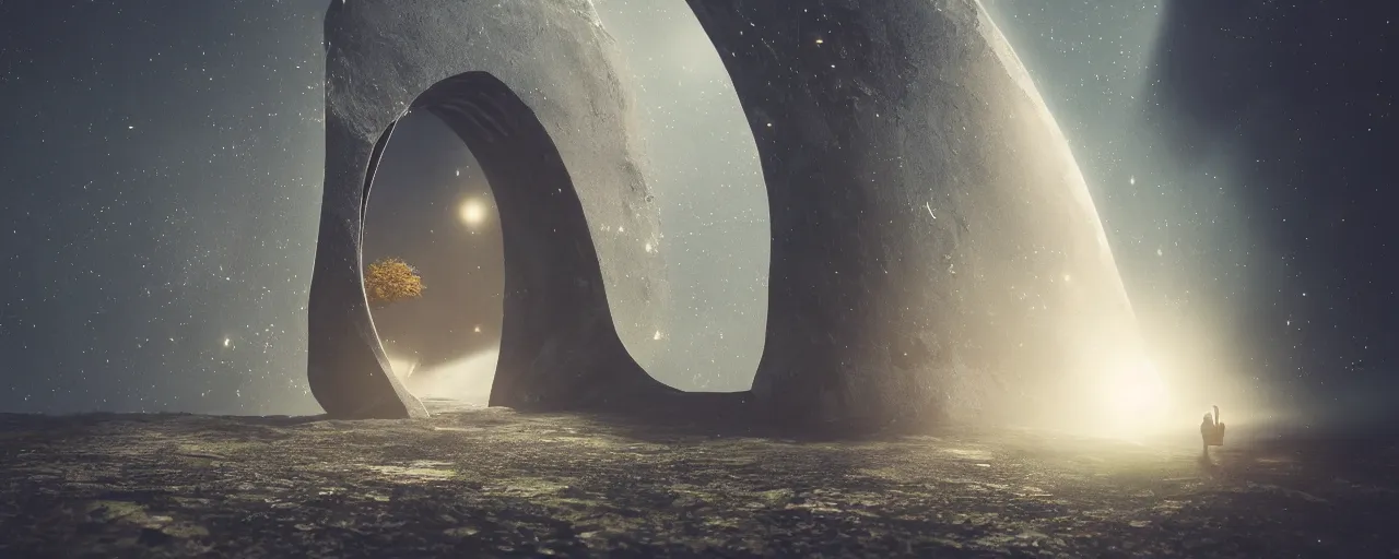 Image similar to improbability, fantasy landscape, door portal, cinematic, low angle, galaxies in the sky, octane render