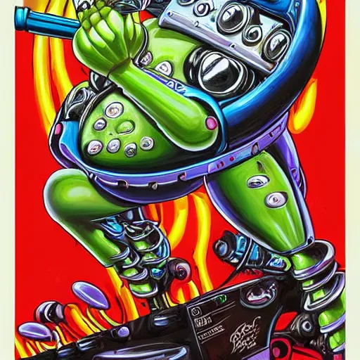 Image similar to the queen of robots, digital painting masterpiece, by ed roth and denys cowan and rockin jelly bean