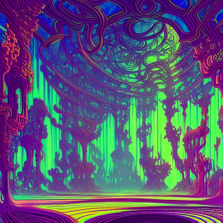 Prompt: interior mythical glass temple, infinite fractal ascent, radiation waves, synthwave, bright neon colors, highly detailed, cinematic, eyvind earle, tim white, philippe druillet, roger dean, rene laloux, lisa frank, aubrey beardsley, kubrick