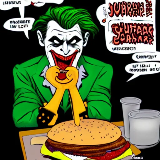 Prompt: the joker eating a crazy hamburger for the first time in his life