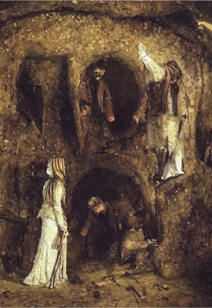 Image similar to tzar and tzarina are killed with magic happens in an underground celler, oil on canvas, painting by ilstead and levitan, russia