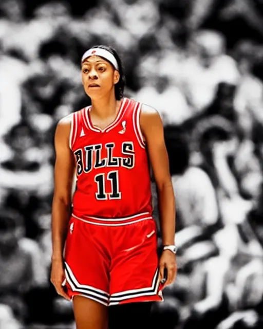 Image similar to candace parker in bulls jersey, high contrast, cinematic film still