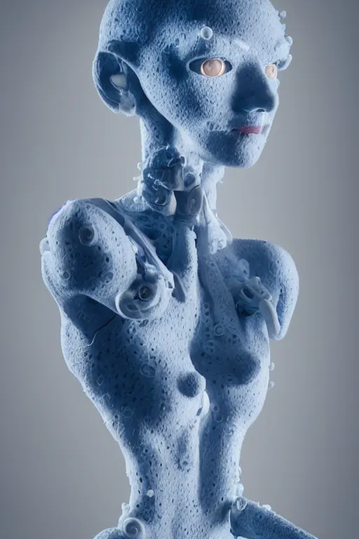 Prompt: full head and shoulders ballerina, monster with 3 d smooth, long blue hair, delicate facial features, white eyes, white lashes, detailed white, lots of 3 d cyborg elements, prosthetic, anatomical, all white features on a white background, by daniel arsham and james jean