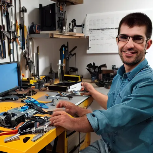 Prompt: hardware engineer in his home workshop