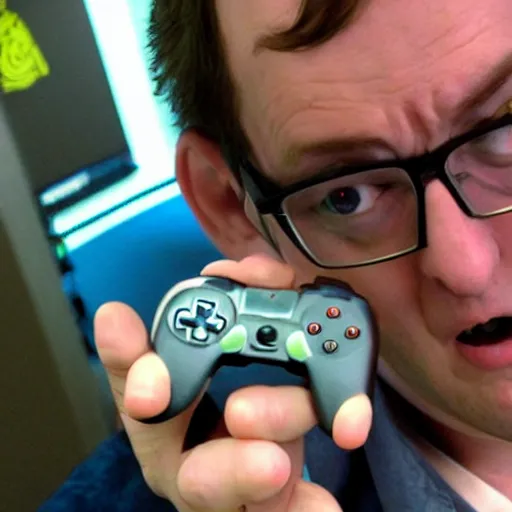 Image similar to angry video game nerd destroying and smashing consoles