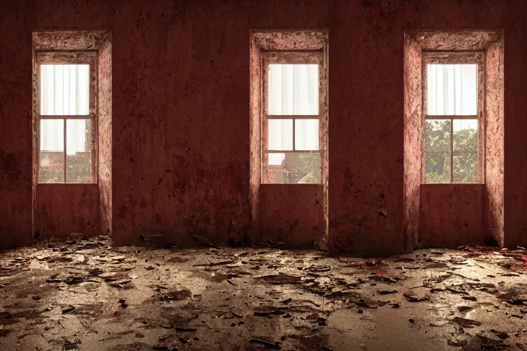 Image similar to ruined, abandoned polish bedroom, seen from inside. Strong red light falls through the broken windows. Dirt, leaves on ground. Unreal Engine. Substance painter. Zbrush. Trending on artstation. 8K. Red colorscheme. Highly detailed.