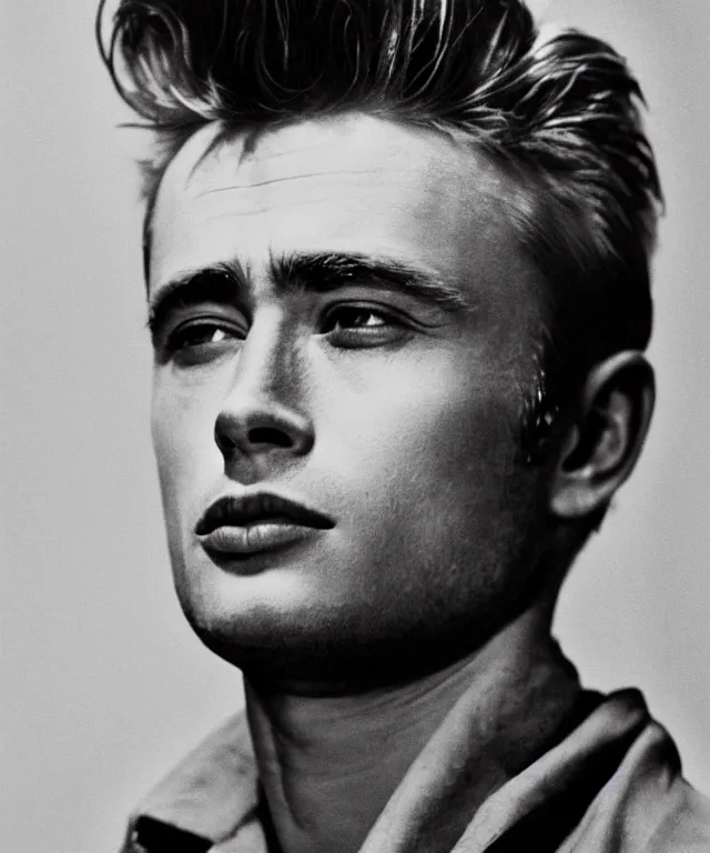 Image similar to a color photograph of james dean, by annie leibovitz, platinum blond, intense, bold, exaggerated, overblown, ultra sharp, extra details, ultra high quality, trending on pinteresst