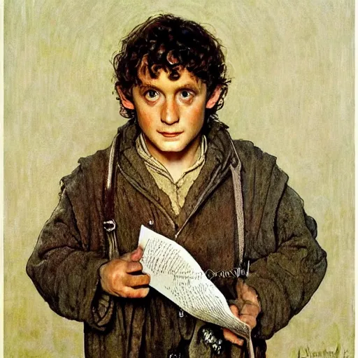 Image similar to Frodo Baggins head and shoulders portrait by norman Rockwell, epic