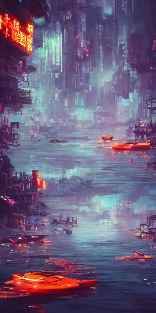 Image similar to <https://s.mj.run/MsBSq5obAXY> Asian boat floating on :: an underwater cyberpunk neon city:: futuristic :: large orange fish under water:: artstation:: Thomas dubois:: trending on artstation