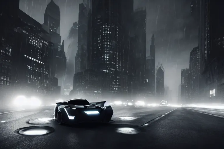 Prompt: the batmobile driving through gotham city at night. fluorescent light. pov from behind the wheel. octane render. 8 k. monochrome. black and white. mist. atmospheric. cinematic. hdr, raytracing, global illumination. a matte painting by ash thorp.