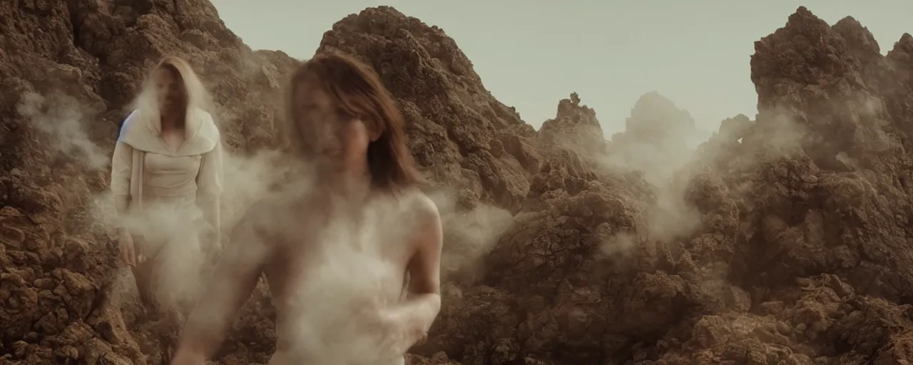 Image similar to The full body shot of beautiful pale woman with white flowers and full-face golden mask in a rocky desert landscape, a giant mirror and smoke around her, volumetric lighting, fire, multiple eyes and dry earth by Denis Villeneuve, Lubezki, Gaspar Noe and Christopher Doyle, anamorphic lens, anamorphic lens flares, kodakchrome, cinematic composition, practical effects, award winning photo, 8k