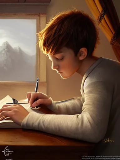 Prompt: a young handsome guy, writing a poem. intricate, elegant, highly detailed, digital painting, artstation, concept art, sharp focus, illustration, by justin gerard and artgerm, 8 k