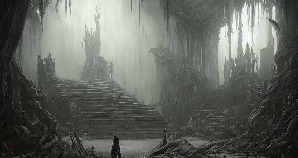 Image similar to king of the wolves - fantasy, inside the king's hall wolves and their treasures, ethereal, ominous, misty, 8 k, by h. r. giger and greg rutkowski, the last guardian by fumito ueda - elden ring