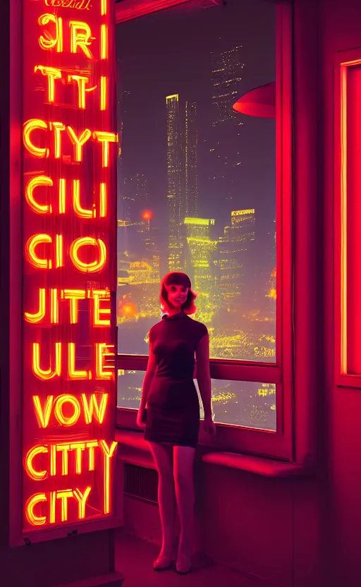 Image similar to vertical movie frame portrait of girl in 5 0's retro restaurant interior, neon - decorated urban on night in the city seen through the window, modern interior design, architectural design, vintage, night blade runner, dark, postapocalyptic, clean lines, 4 k, octane, asian futuristic city at distance, big windows, octane, wide angle